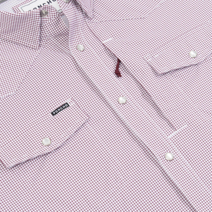 Maroon and white checkered Western shirt with pearl snaps, chest pockets, and a Poncho brand label.