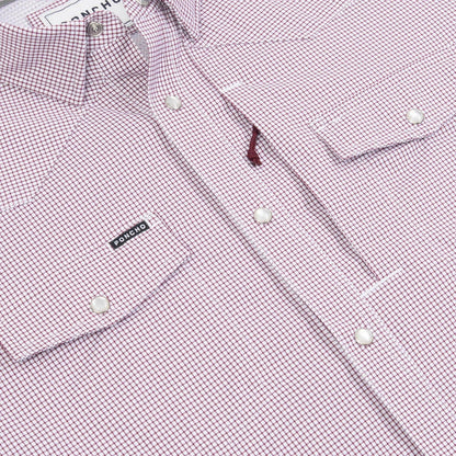 Maroon and white checkered Western shirt with pearl snaps, chest pockets, and a Poncho brand label.