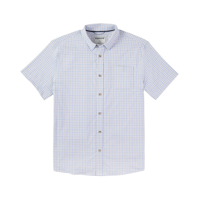 Light blue and white gingham short-sleeve button-down shirt with a single chest pocket and collar snaps.