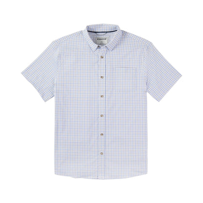 Light blue and white gingham short-sleeve button-down shirt with a single chest pocket and collar snaps.