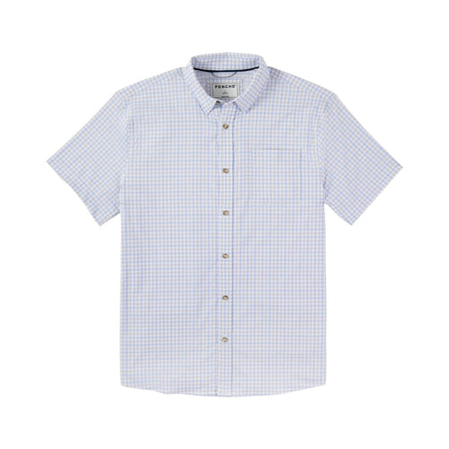 Light blue and white gingham short-sleeve button-down shirt with a single chest pocket and collar snaps.