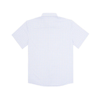 Back view of a light blue and white gingham short-sleeve button-down shirt made from lightweight, breathable fabric.