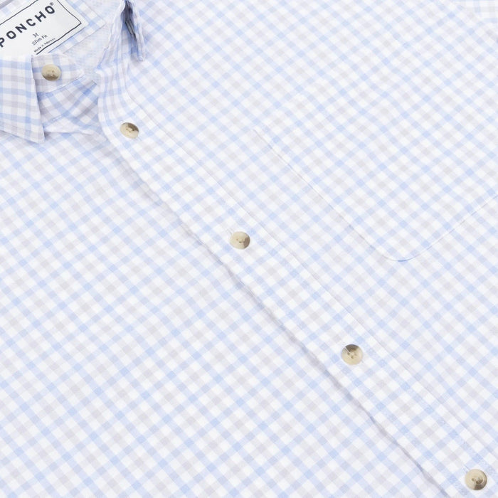 Light blue and white gingham Poncho Ultra-Lite short sleeve shirt with a button-down collar and single chest pocket.
