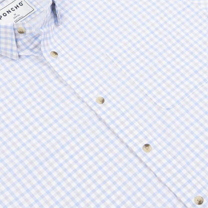 Light blue and white gingham Poncho Ultra-Lite short sleeve shirt with a button-down collar and single chest pocket.