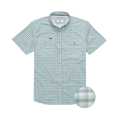 Short-sleeve performance shirt in light green and white plaid with dual chest pockets and a button-down collar.