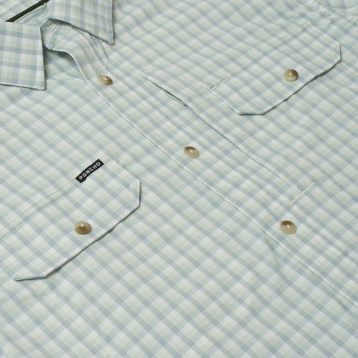 Light green and white gingham performance shirt with dual chest pockets and Poncho brand label.