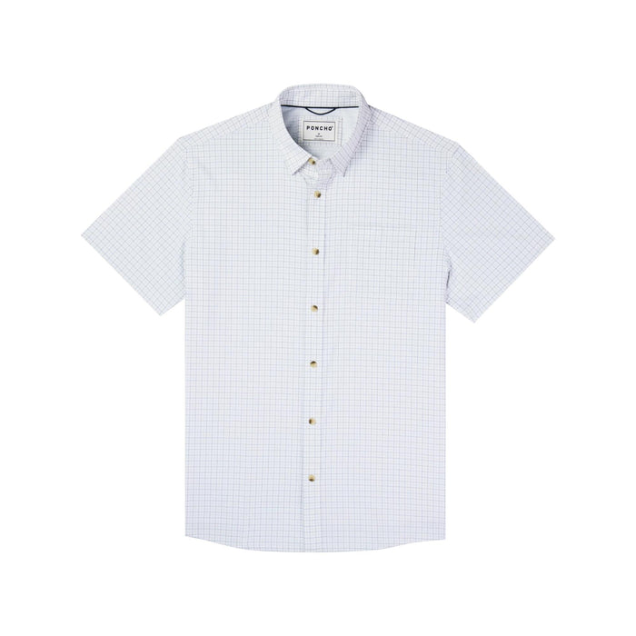 White short-sleeve button-down shirt with a blue grid pattern, featuring a chest pocket and lightweight performance fabric.