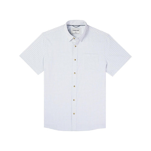 White short-sleeve button-down shirt with a blue grid pattern, featuring a chest pocket and lightweight performance fabric.