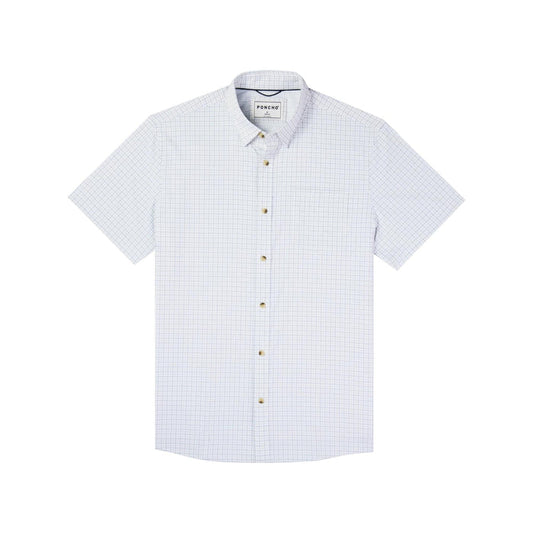 White short-sleeve button-down shirt with a blue grid pattern, featuring a chest pocket and lightweight performance fabric.