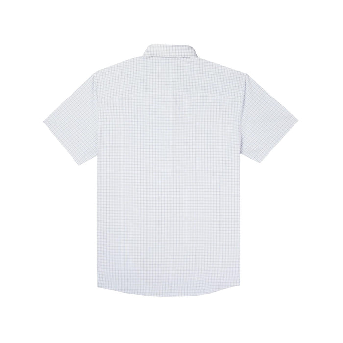 Back view of a white, short-sleeve Poncho Ultra-Lite shirt featuring a subtle blue grid pattern and lightweight fabric.