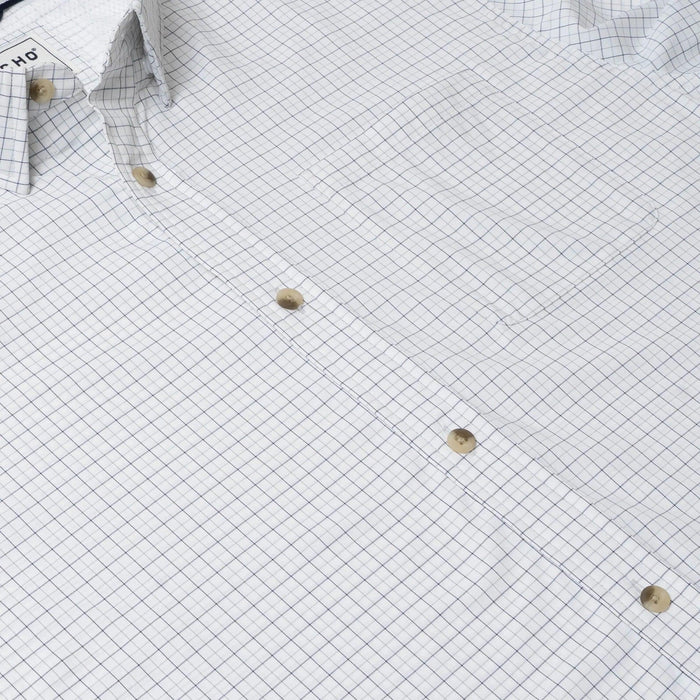 White short-sleeve shirt with a blue grid pattern, featuring a button-down collar, chest pocket, and lightweight fabric.