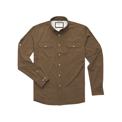 Brown Poncho Levelland long sleeve performance shirt with button-down collar, dual chest pockets, and roll-up sleeve tabs.