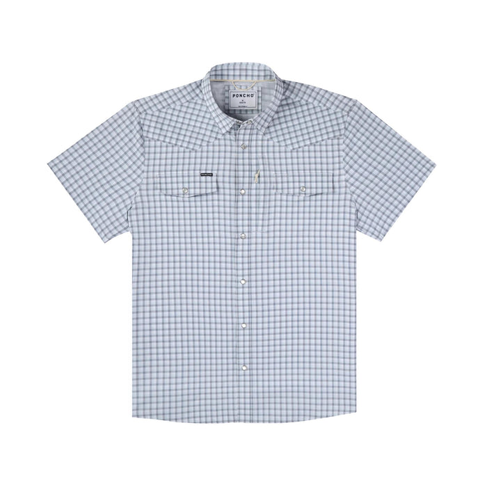 Light blue and white plaid short-sleeve Western shirt with pearl snaps, dual chest pockets, and a sunglasses holder.