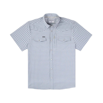 Light blue and white plaid short-sleeve Western shirt with pearl snaps, dual chest pockets, and a sunglasses holder.