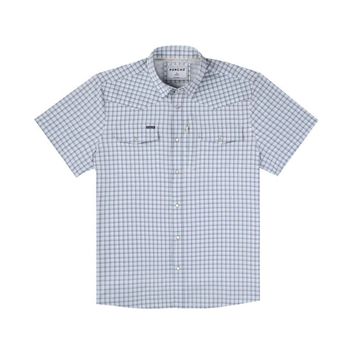 Light blue and white plaid short-sleeve Western shirt with pearl snaps, dual chest pockets, and a sunglasses holder.