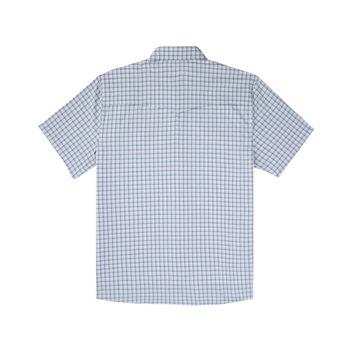 Back view of a light blue and white plaid short-sleeve Western shirt with a vented back yoke.