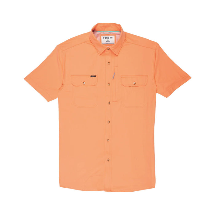 Bright orange short-sleeve performance shirt with button-down front, dual chest pockets, and lightweight fabric.