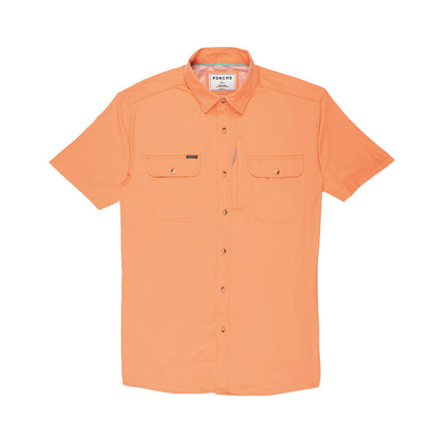 Bright orange short-sleeve performance shirt with button-down front, dual chest pockets, and lightweight fabric.