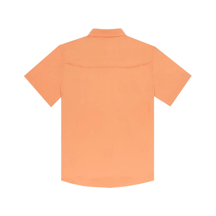 Back view of a lightweight, peach-colored short sleeve outdoor shirt with a vented back panel.