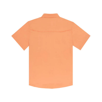 Back view of a lightweight, peach-colored short sleeve outdoor shirt with a vented back panel.