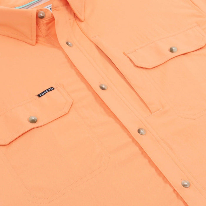 Bright orange Poncho short sleeve performance shirt with button-down front, dual chest pockets, and branded label.