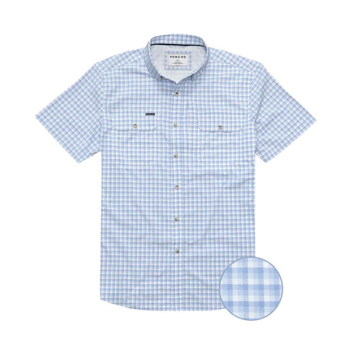 Light blue and white plaid short-sleeve performance shirt with two chest pockets and a button-down collar.