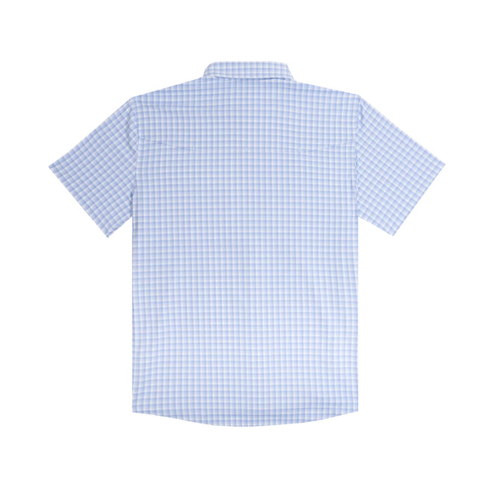 Back view of a light blue and white plaid short-sleeve performance shirt with a vented back yoke.