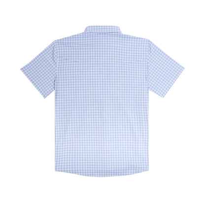 Back view of a light blue and white plaid short-sleeve performance shirt with a vented back yoke.
