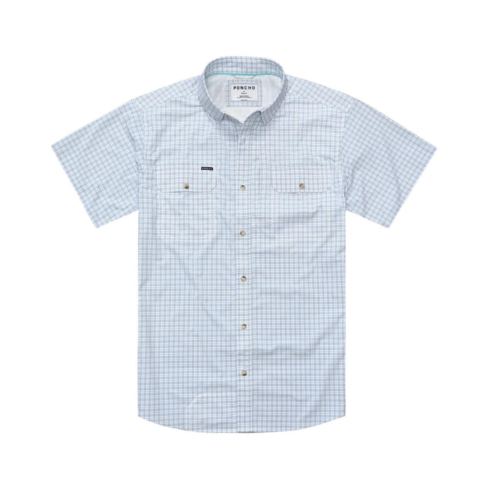 Light blue and white plaid short-sleeve performance shirt with button-down collar and dual chest pockets.