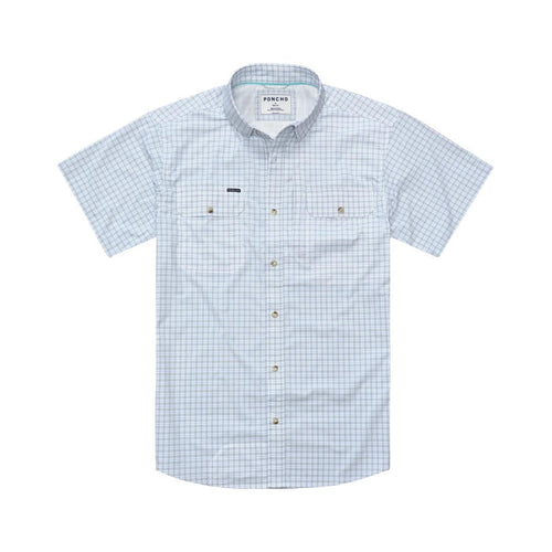 Light blue and white plaid short-sleeve performance shirt with button-down collar and dual chest pockets.