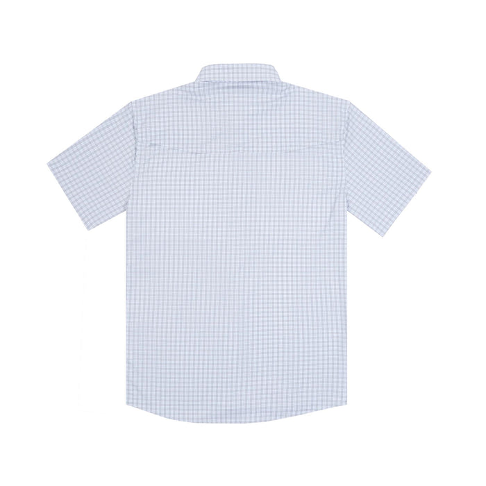 Back view of a light blue and white plaid short-sleeve performance shirt with a vented back yoke.