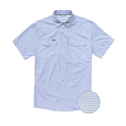 Light blue short-sleeve western shirt with pearl snaps, dual chest pockets, and a textured performance fabric pattern.