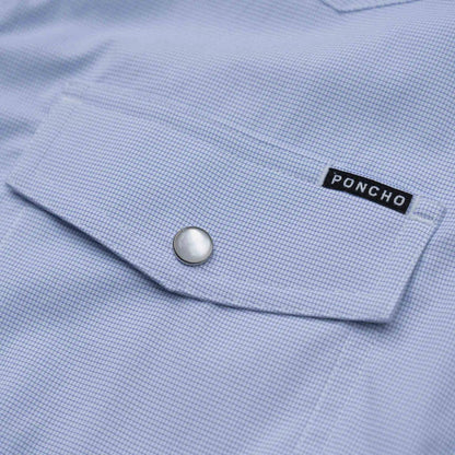 Light blue micro-check western shirt featuring a chest pocket, pearl snap button, and Poncho brand label.