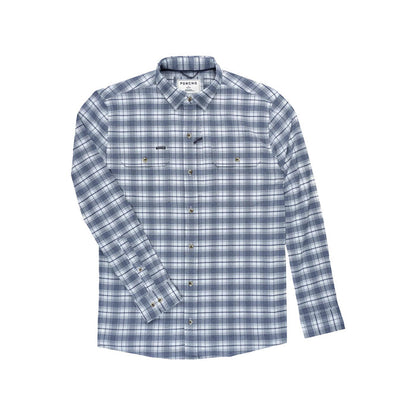 Blue and white plaid long-sleeve performance flannel shirt with button-down collar and dual chest pockets.