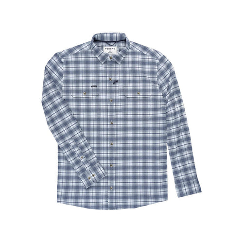 Blue and white plaid long-sleeve performance flannel shirt with button-down collar and dual chest pockets.