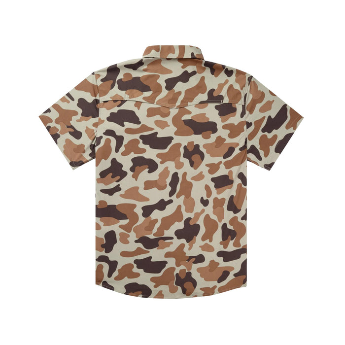 Back view of a tan and brown camo short-sleeve Western shirt with a vented back and lightweight performance fabric.