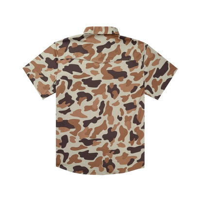 Back view of a tan and brown camo short-sleeve Western shirt with a vented back and lightweight performance fabric.