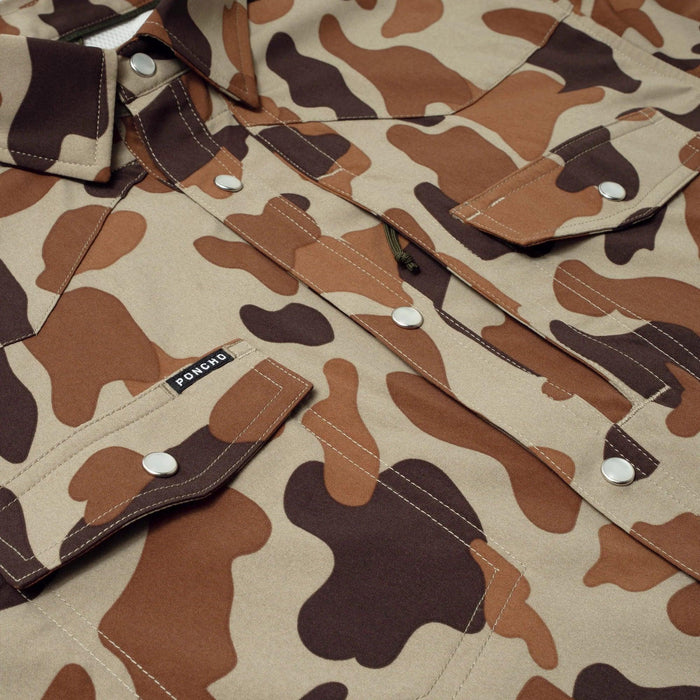 Tan and brown camouflage western shirt with pearl snap buttons, dual chest pockets, and a Poncho brand label.