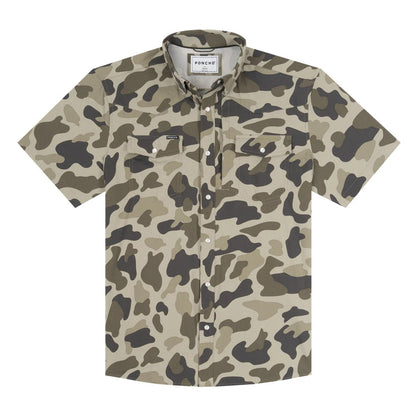 Camo print short-sleeve western shirt with pearl snaps, dual chest pockets, and a vented back for breathable comfort.
