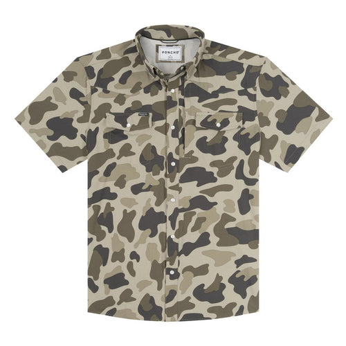 Camo print short-sleeve western shirt with pearl snaps, dual chest pockets, and a vented back for breathable comfort.