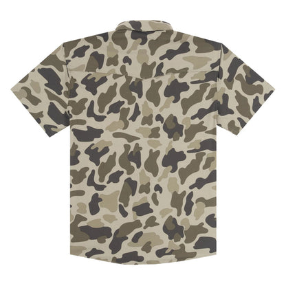 Short-sleeve button-up shirt with an all-over camouflage pattern in beige, brown, olive green, and dark gray, shown from the back on a plain white background.