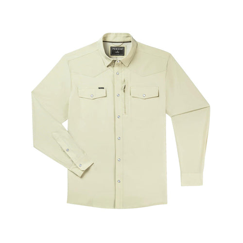 Tan long-sleeve Western performance shirt with Tuff-Thread fabric, snap buttons, and dual chest pockets.