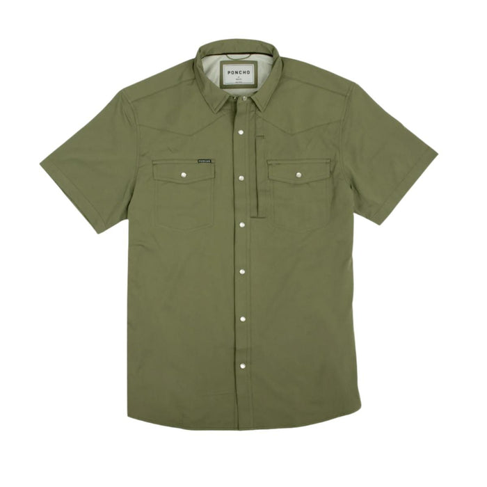 Olive green Poncho Western performance shirt with short sleeves, pearl snaps, and dual chest pockets.