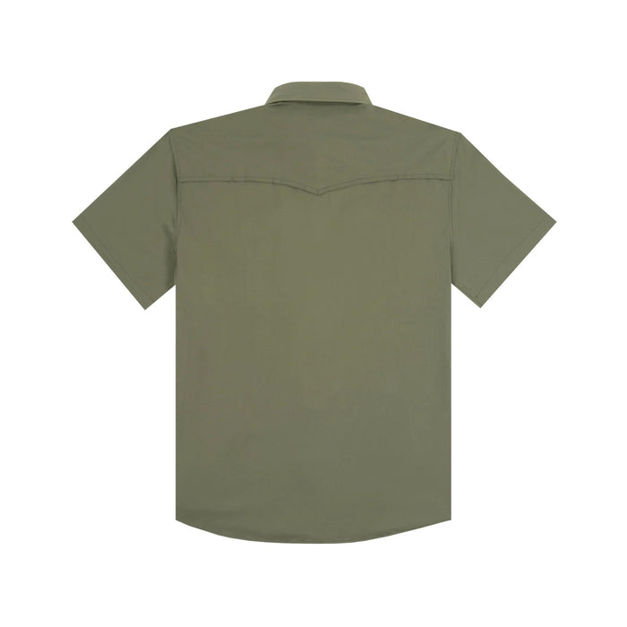 Back view of an olive green Poncho Western short sleeve shirt with a vented back and classic western shoulder yoke.