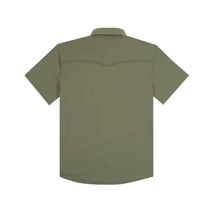 Back view of an olive green Poncho Western short sleeve shirt with a vented back and classic western shoulder yoke.