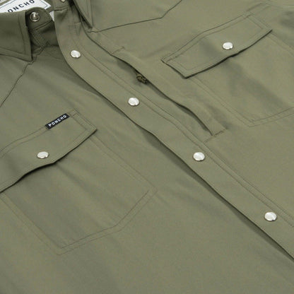 Olive green Poncho western performance shirt with pearl snaps, dual chest pockets, and subtle shoulder detailing.