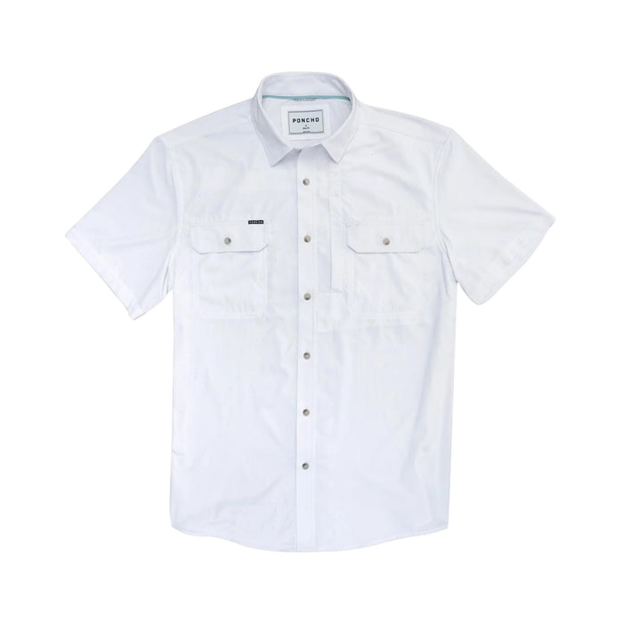 White short-sleeve performance shirt with button-down collar, dual chest pockets, and breathable, lightweight fabric.