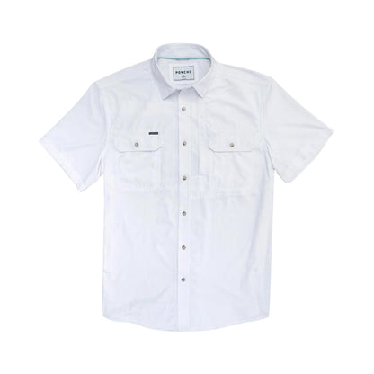 White short-sleeve performance shirt with button-down collar, dual chest pockets, and breathable, lightweight fabric.