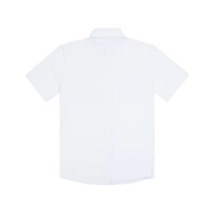 Back view of a white Poncho The Salty Dog short sleeve performance shirt made from lightweight, breathable fabric.