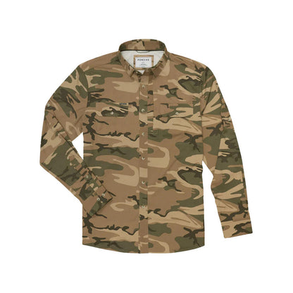 Poncho San Juan long-sleeve outdoor shirt in camouflage print with button-down collar and dual chest pockets.